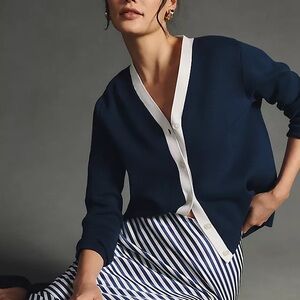 Anthropologie Kule Navy V-Neck Button Cardigan with White Trim and smiley faces